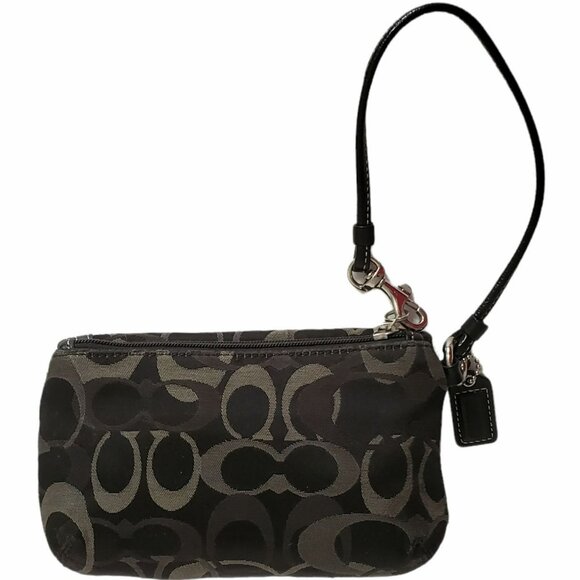 Coach Signature Wristlet Clutch Purse Flap Black Brown Wallet Strap Turn Lock - Picture 2 of 13